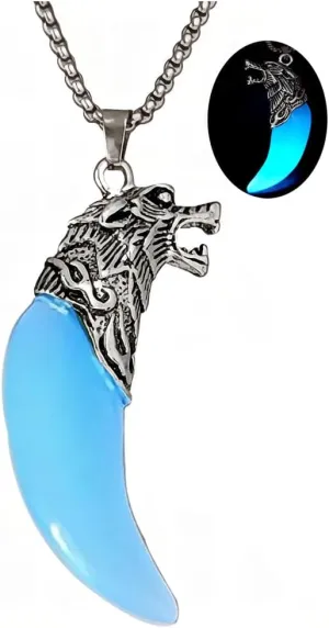 Wolf Teeth Necklace for Women Men Wolf Totem Amulet Pendant Necklace Luminous Wolf Dog Fang Necklace Halloween Necklace Glow in The Dark Gift Jewelry