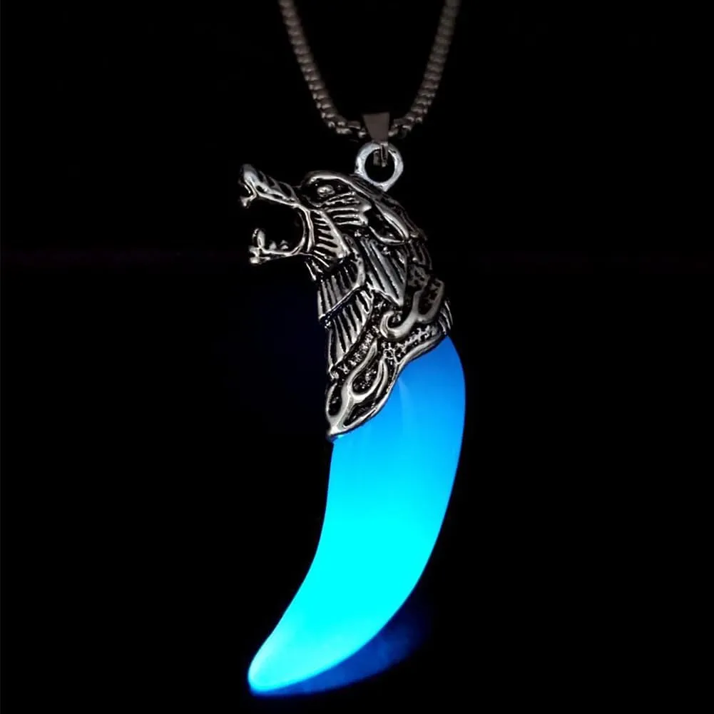 Wolf Teeth Necklace for Women Men Wolf Totem Amulet Pendant Necklace Luminous Wolf Dog Fang Necklace Halloween Necklace Glow in The Dark Gift Jewelry