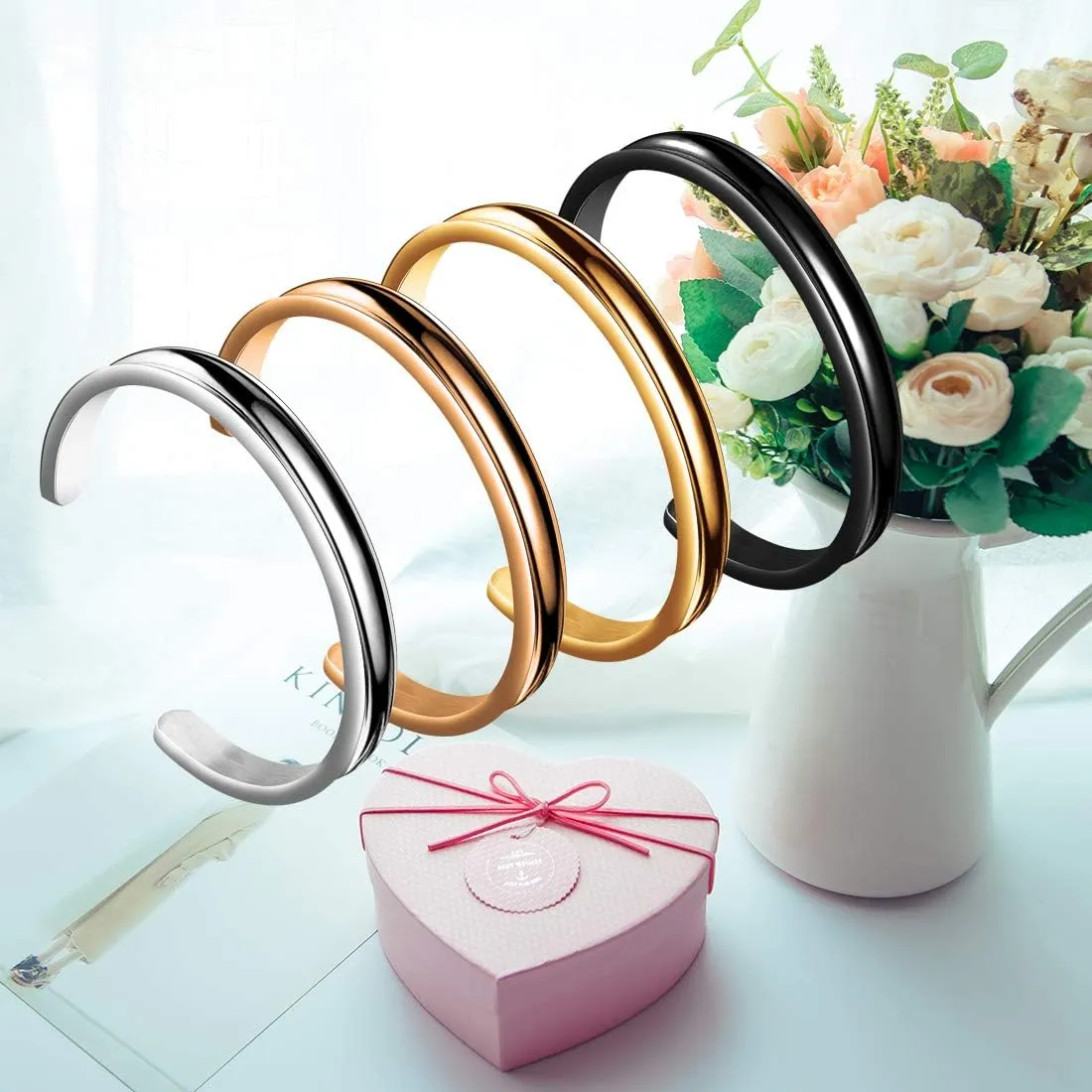 Zuo Bao Hair Tie Bracelet High Polishing Stainless Steel Grooved Cuff Bangle for Women